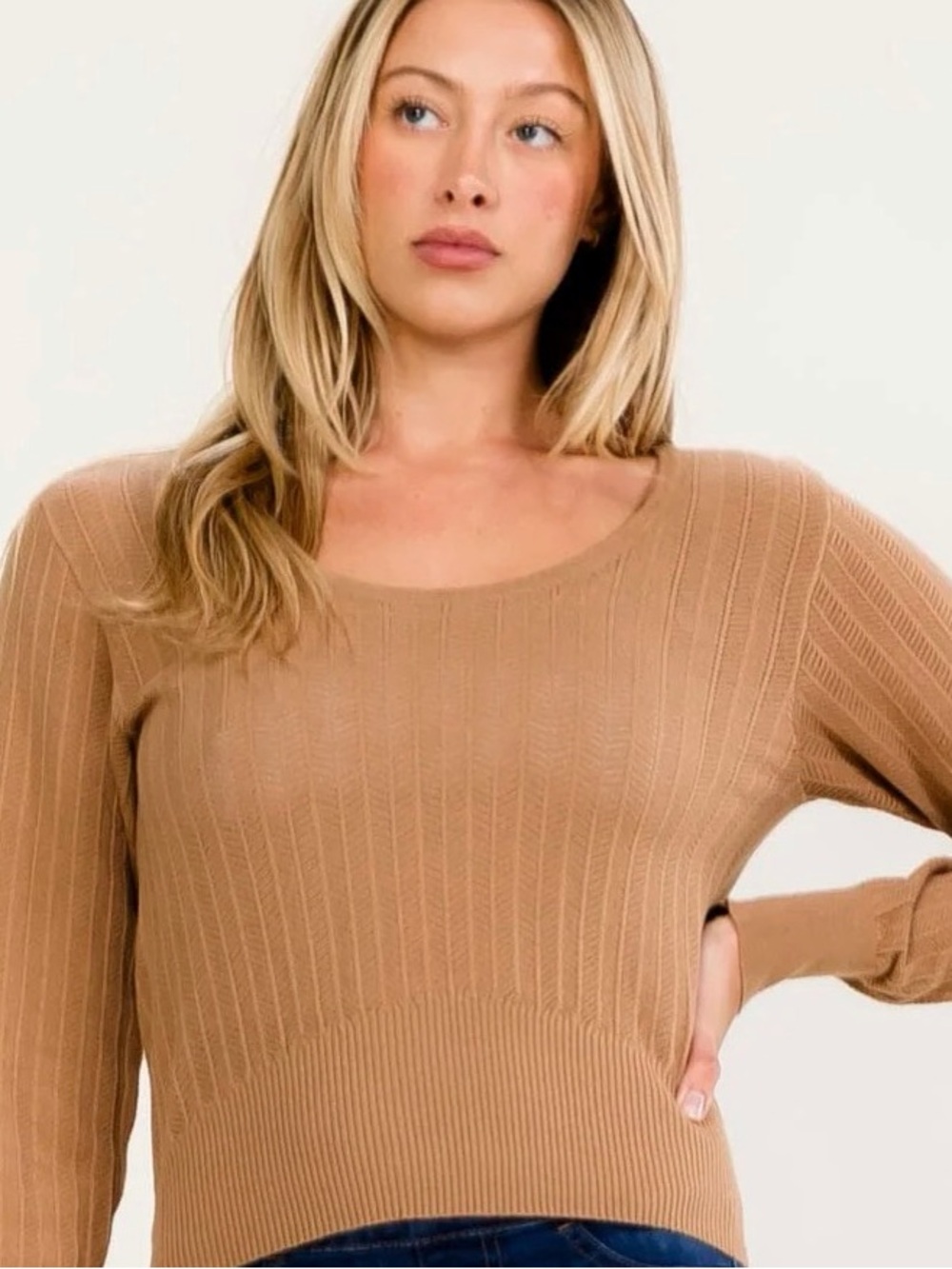 A552. Promesa Scoop Neck Cable Knit Sweater - Camel - Picture 2 of 4